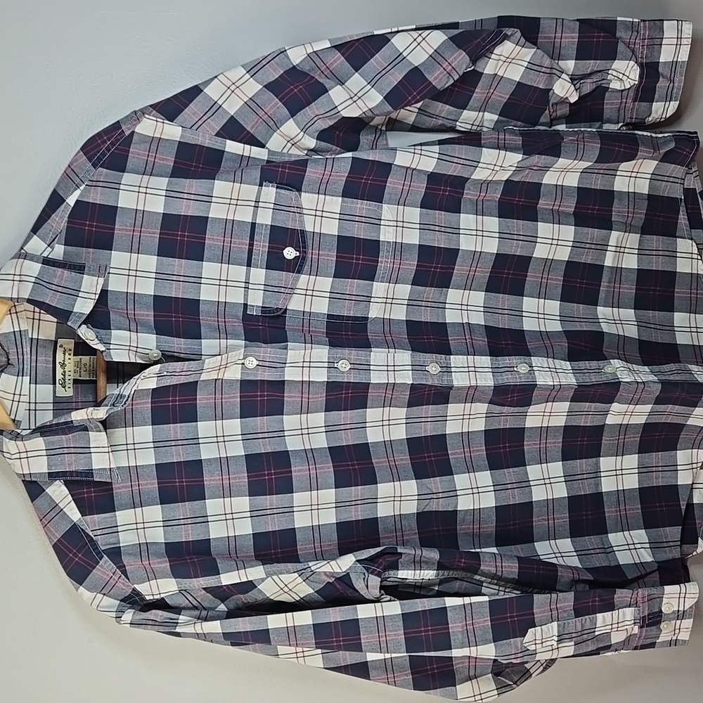 Eddie Bauer Women's Large 100% Cotton Button Down Blue White and Red Shirt